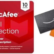 McAfee Total Protection 10 Devices + $10 Amazon Gift Card | 1-Year Subscription with Auto-Renewal | Security Software Includes Antivirus, Secure VPN, Identity Monitoring | Download